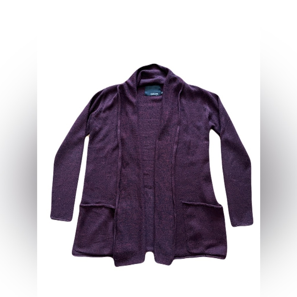 Harlow women’s large knit open cardigan, speckled, pockets, maroon burgundy